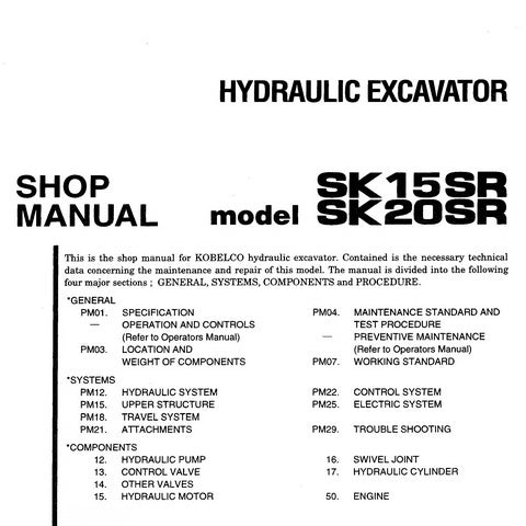 Kobelco SK15SR & SK20SR Hydraulic Excavator Shop Manual - S5PM0002E